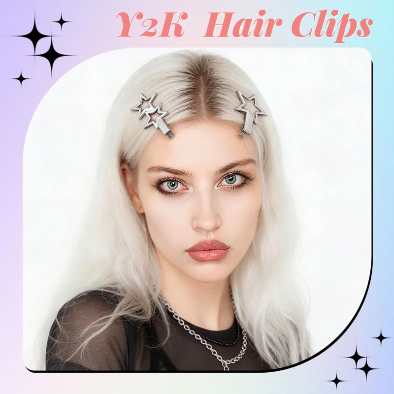 OIIKI 24pcs Silver Y2K Hair Clips, 12 Style Metal Alligator Clips Barrettes for Women, Non-Slip 2000s Star Hairclips Cool Hair Accessories for Thin Thick Straight Curle Hairstyles - Image 3